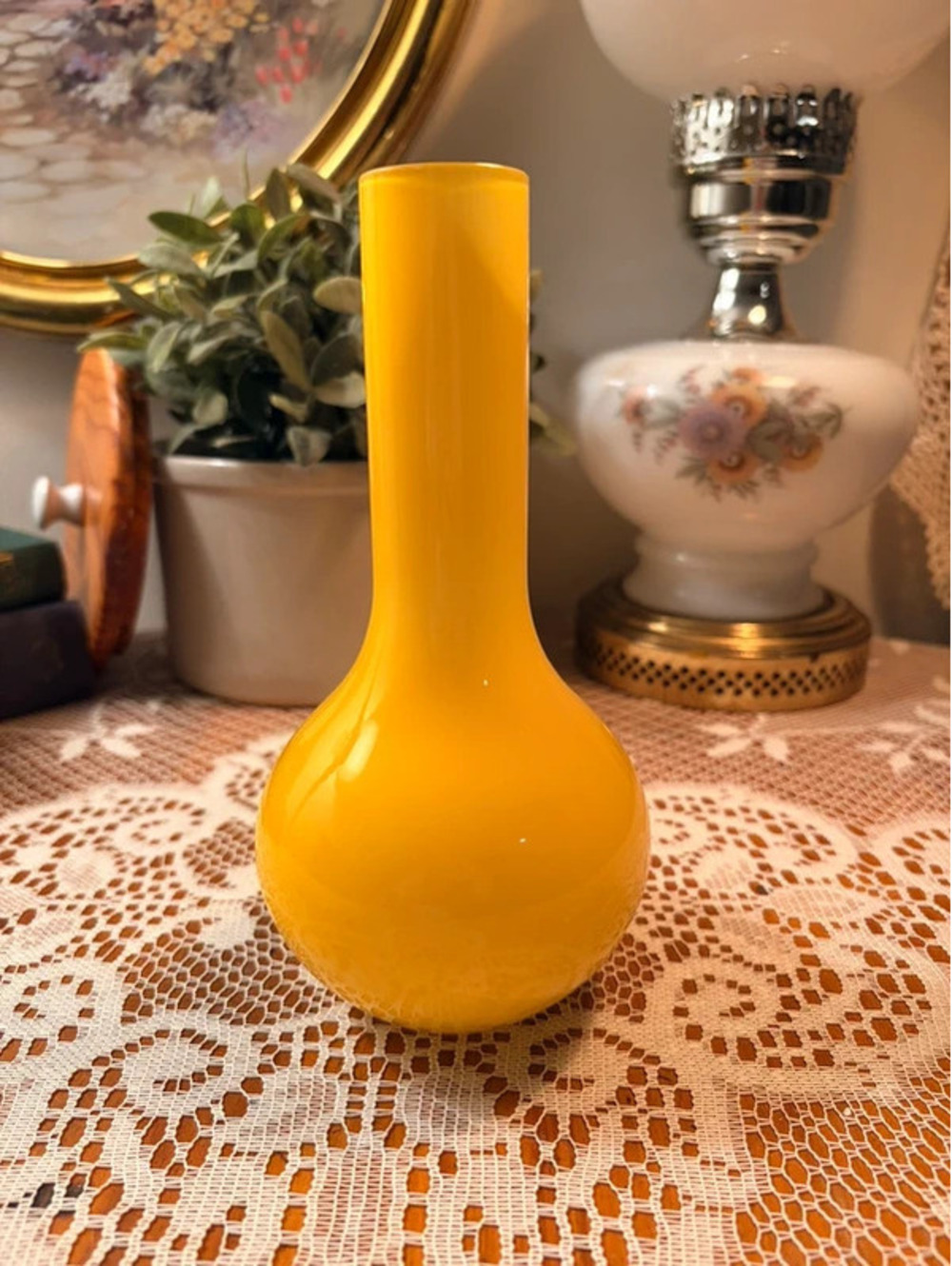 Yellow Cased Art Glass Bottle Vase Long Neck MCM Style 7.75”
